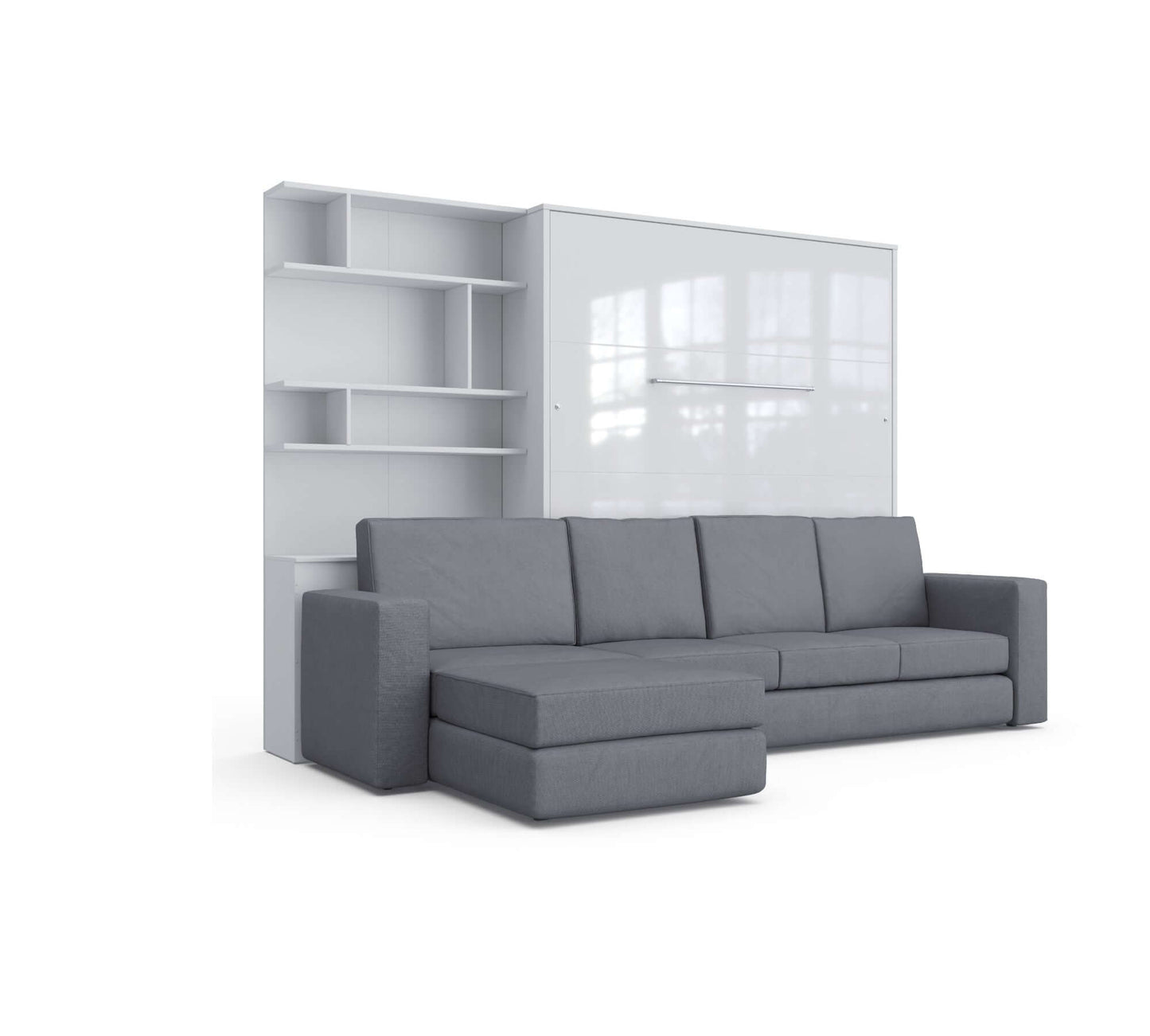 Murphy Bed INVENTO European Queen size with a Sectional Sofa and a Bookcase