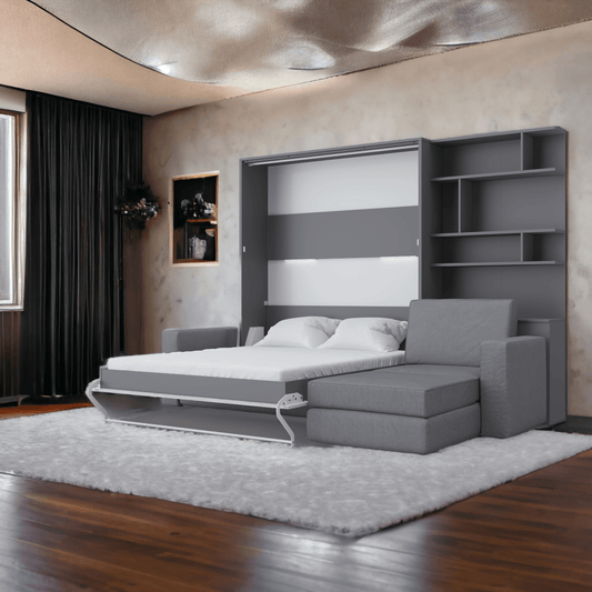 Murphy Bed INVENTO European Queen size with a Sectional Sofa and a Bookcase