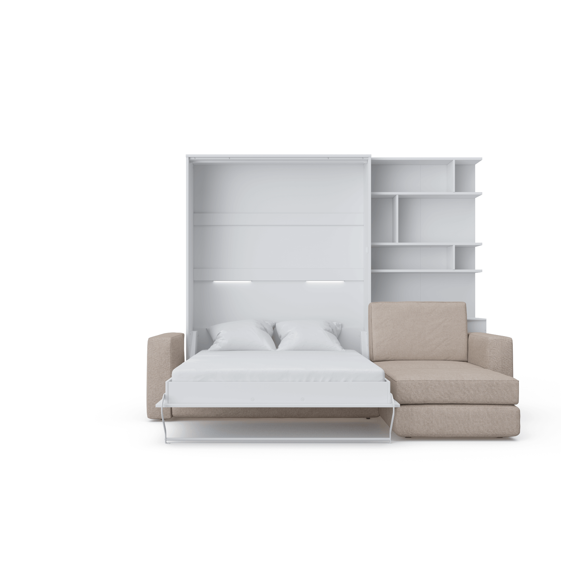 Murphy bed INVENTO European Full XL Vertical with a Sectional Sofa and a Bookcase