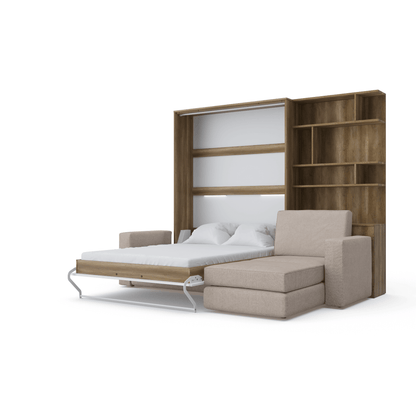 Murphy bed European Full XL Vertical with a Sectional Sofa and a Bookcase Invento.