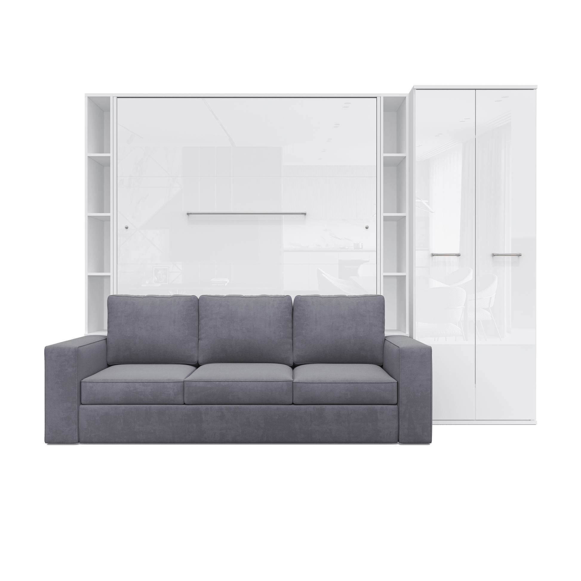 Vertical Queen size Murphy Bed Invento with a Sofa, two Cabinets and Wardrobe