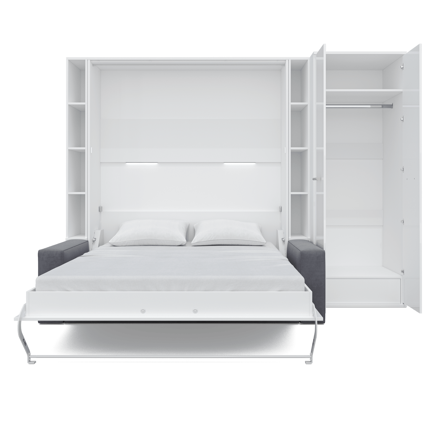 Vertical Queen size Murphy Bed Invento with a Sofa, two Cabinets and Wardrobe