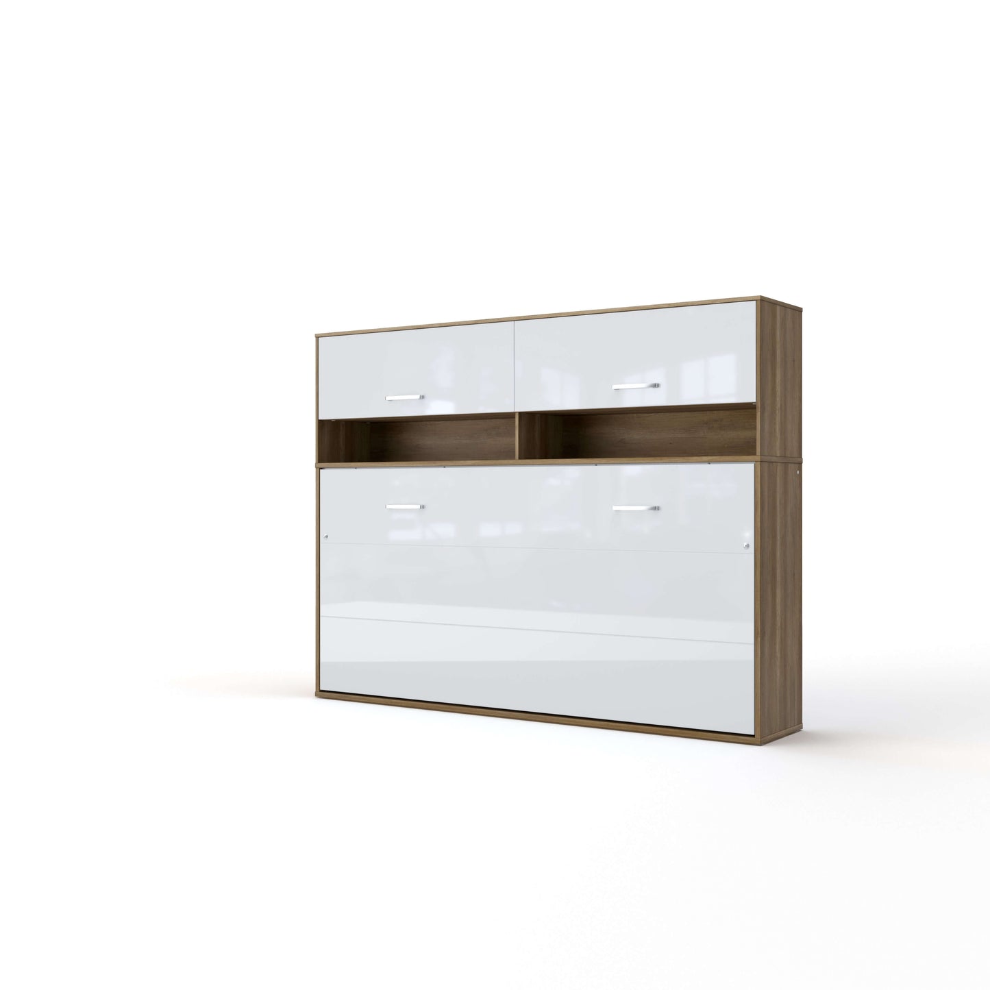 Invento Horizontal Wall Bed, European Full Size with a cabinet on top