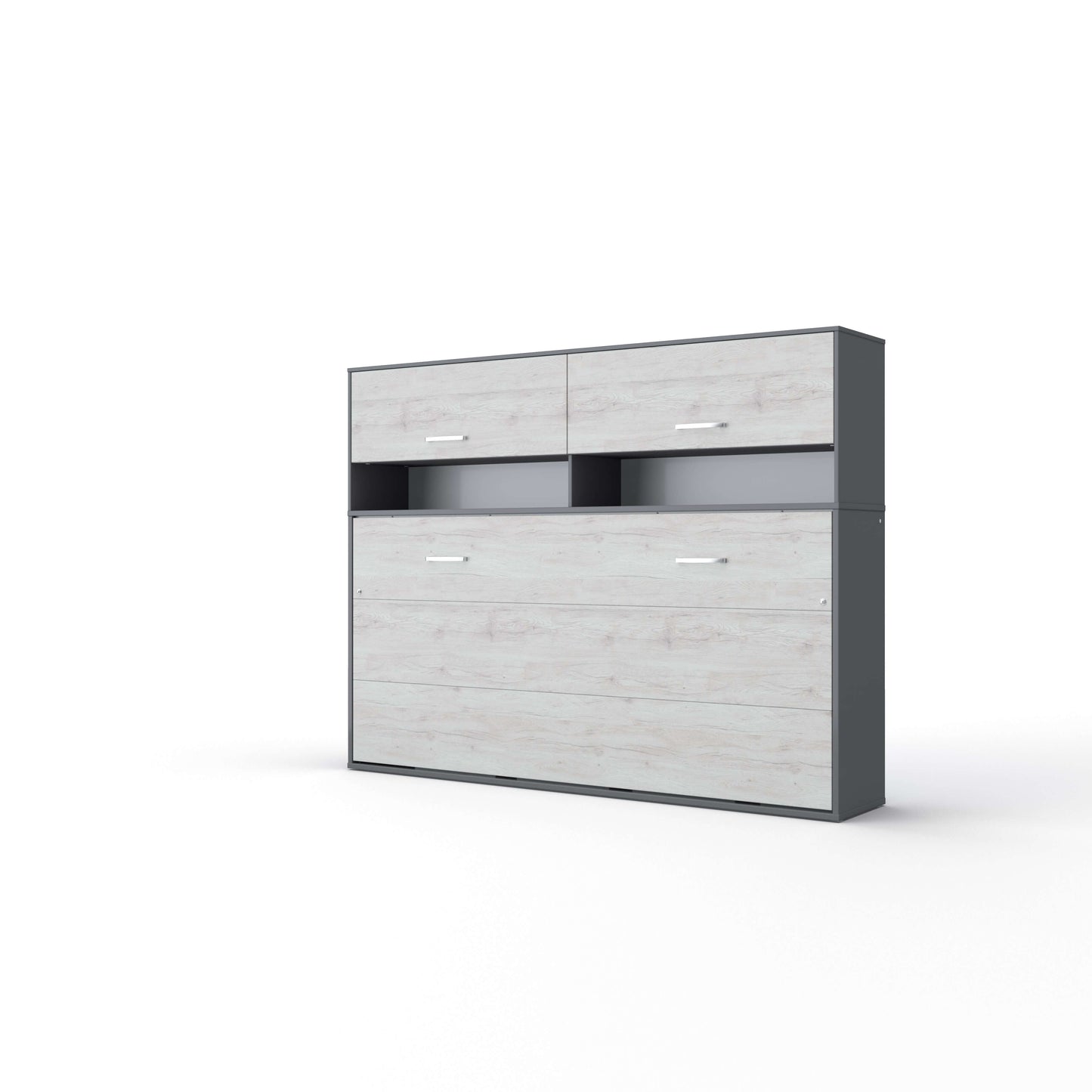 Invento Horizontal Wall Bed, European Full Size with a cabinet on top