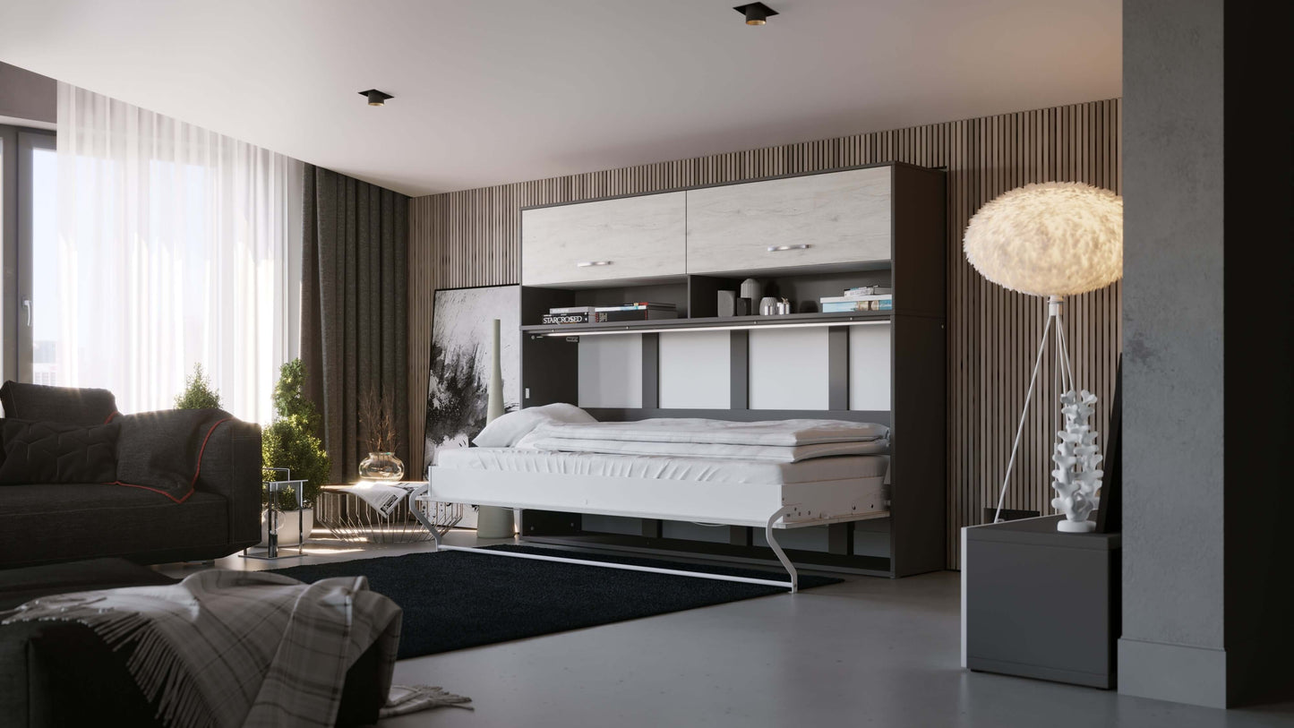 Invento Horizontal Wall Bed, European Twin Size with a cabinet on top