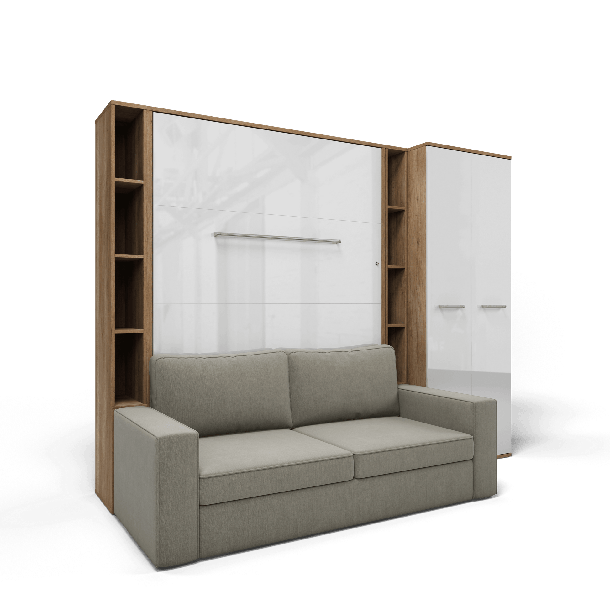 Vertical FULL size Murphy Bed Invento with a Sofa, two Cabinets and Wardrobe