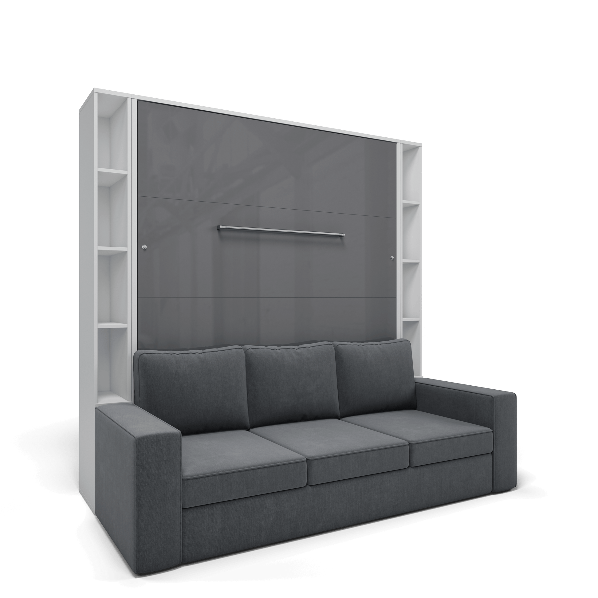 Vertical European Queen size Murphy Bed Invento with a Sofa and two Cabinets