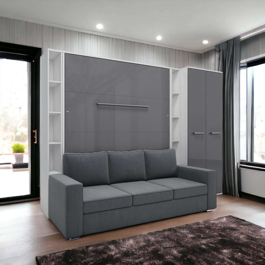 Vertical Queen size Murphy Bed Invento with a Sofa, two Cabinets and Wardrobe