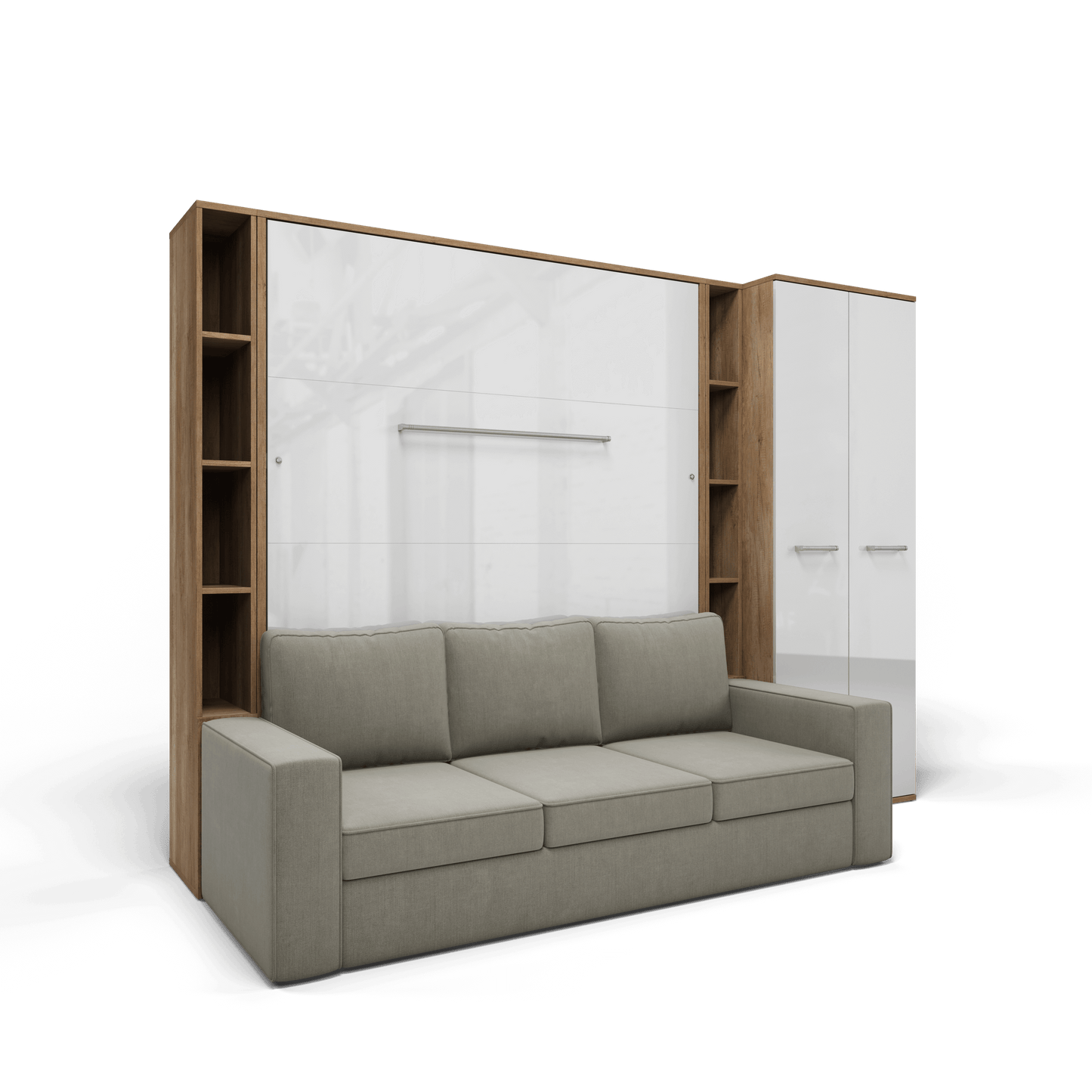 Vertical Queen size Murphy Bed Invento with a Sofa, two Cabinets and Wardrobe