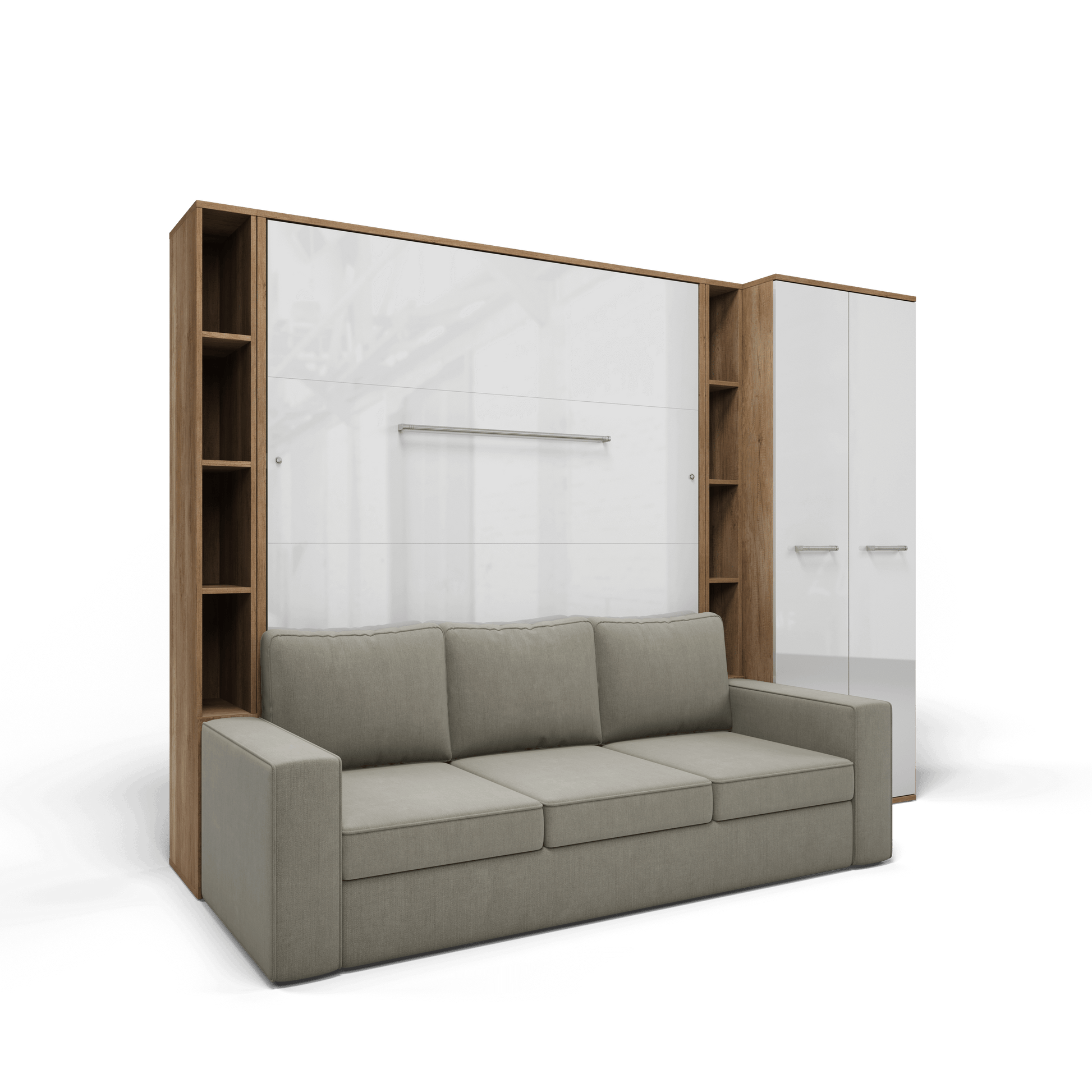 Vertical Queen size Murphy Bed Invento with a Sofa, two Cabinets and Wardrobe