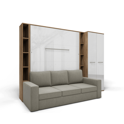 Vertical Queen size Murphy Bed Invento with a Sofa, two Cabinets and Wardrobe