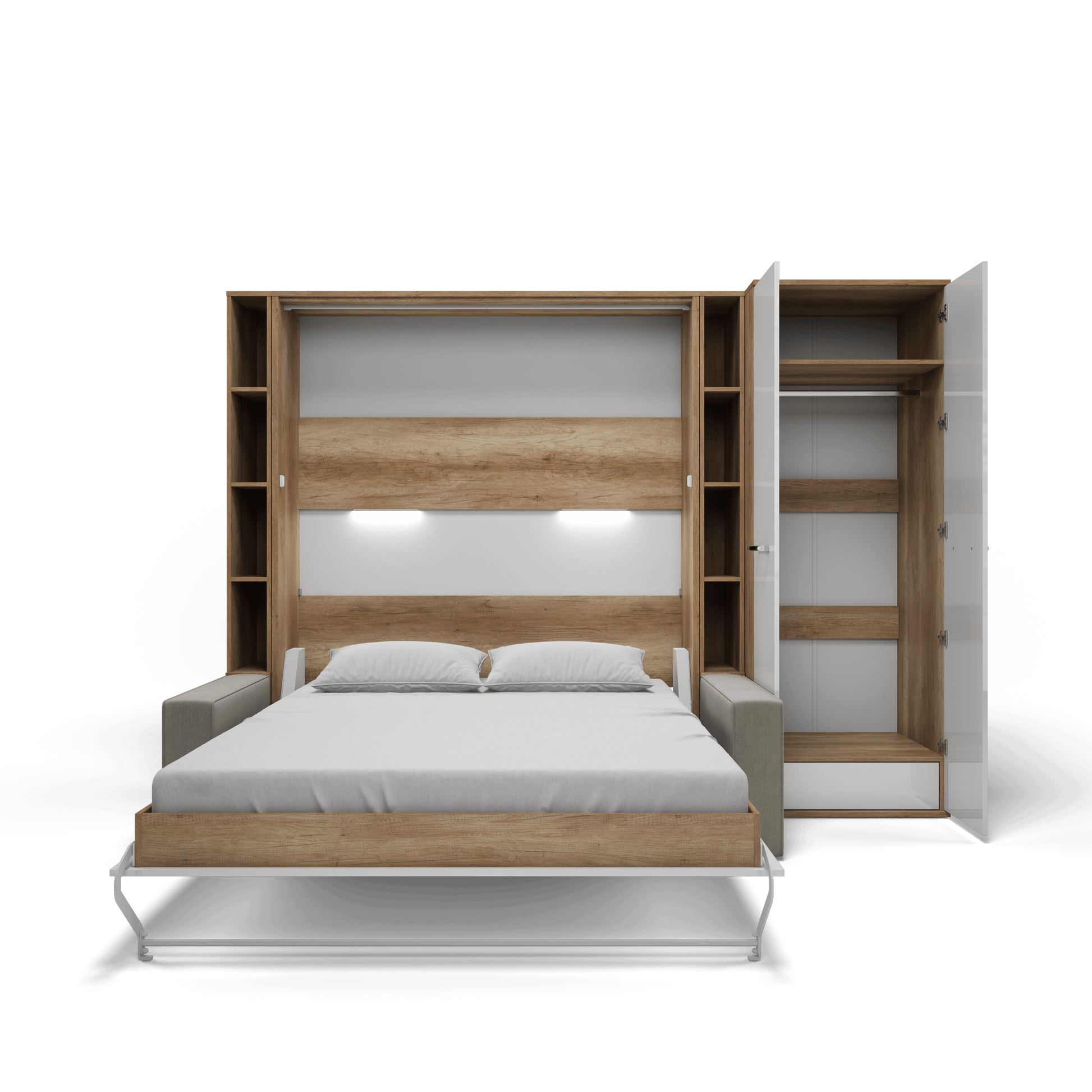 Vertical Queen size Murphy Bed Invento with a Sofa, two Cabinets and Wardrobe