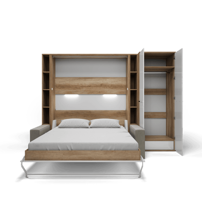 Vertical Queen size Murphy Bed Invento with a Sofa, two Cabinets and Wardrobe